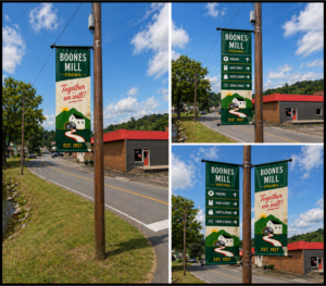 Wayfinding signage design concept for the Town of Boones Mill.